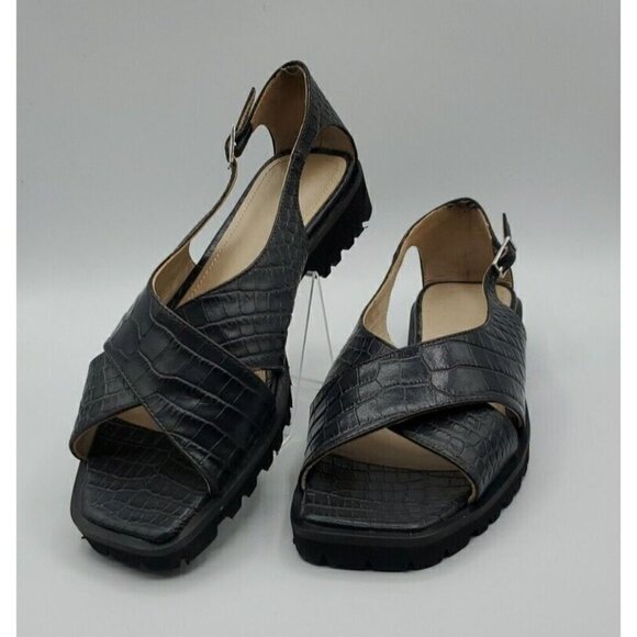 Theory Women's Black Cross Lug Sandal in Croc Print Goat Leather Size 38 US 8 - Picture 1 of 13